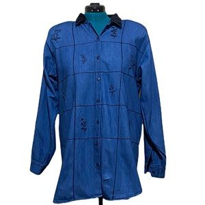 Capacity Vintage Tall  Floral Denim Embroidery Button Up Blouse Size Large